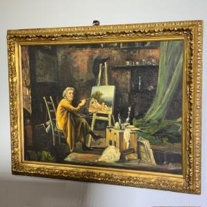 Pintura antiga a óleo sobre painel, Ateliê de artista. Época de 1850 com moldura antiga dourada. Medidas: 64 x 50. Assinado.